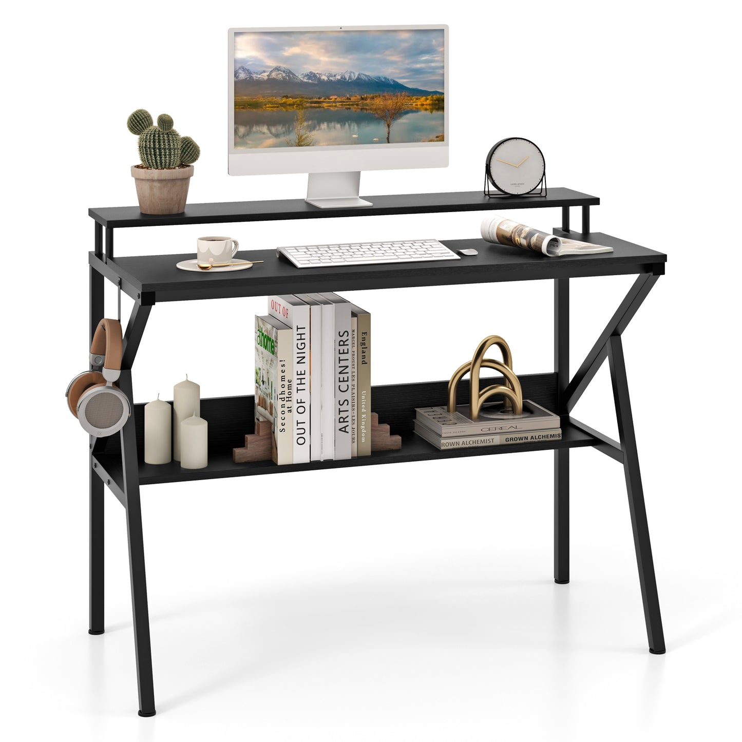 Space Saving Computer Desk with Monitor Stand and Extra Storage Shelf for Work Study, Black Computer Desks at Gallery Canada