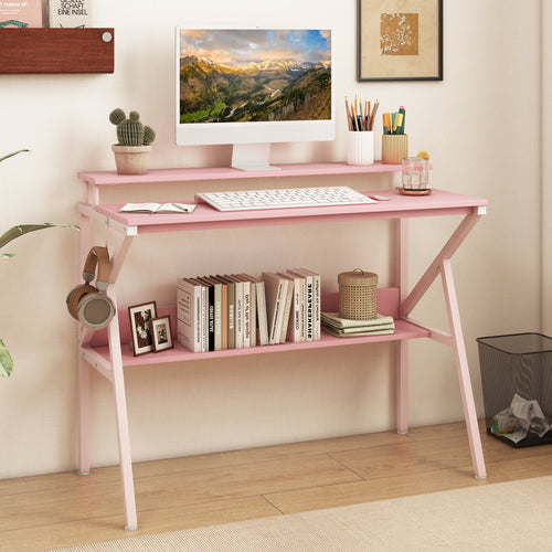 Space Saving Computer Desk with Monitor Stand and Extra Storage Shelf for Work Study, Pink