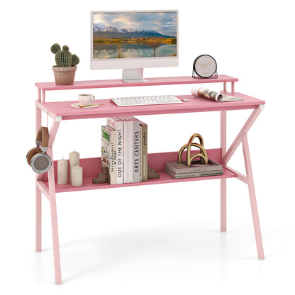 Space Saving Computer Desk with Monitor Stand and Extra Storage Shelf for Work Study, Pink Computer Desks at Gallery Canada
