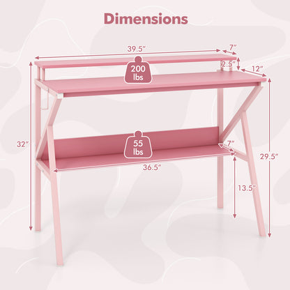 Space Saving Computer Desk with Monitor Stand and Extra Storage Shelf for Work Study, Pink Computer Desks at Gallery Canada