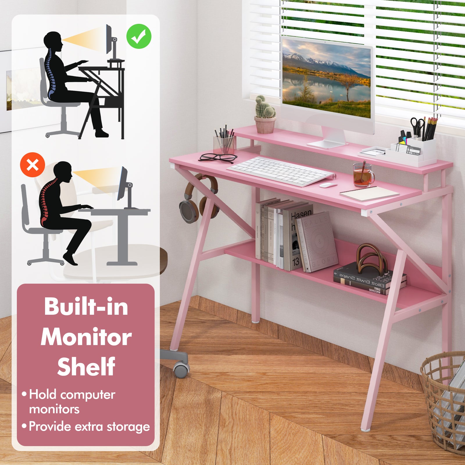 Space Saving Computer Desk with Monitor Stand and Extra Storage Shelf for Work Study, Pink Computer Desks at Gallery Canada