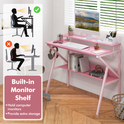 Space Saving Computer Desk with Monitor Stand and Extra Storage Shelf for Work Study, Pink Computer Desks at Gallery Canada