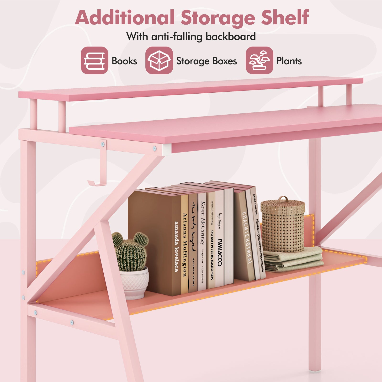 Space Saving Computer Desk with Monitor Stand and Extra Storage Shelf for Work Study, Pink Computer Desks at Gallery Canada