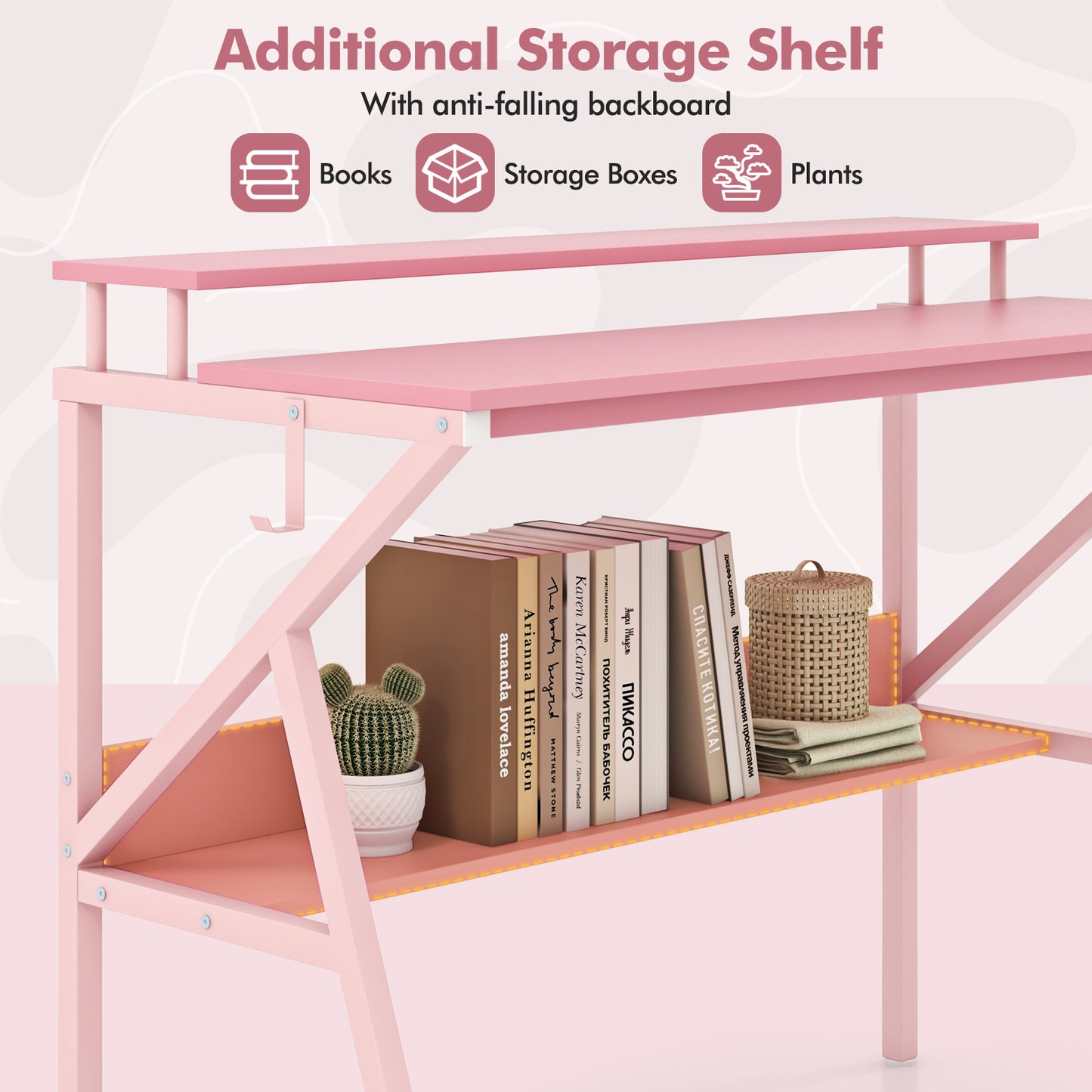 Space Saving Computer Desk with Monitor Stand and Extra Storage Shelf for Work Study, Pink Computer Desks at Gallery Canada