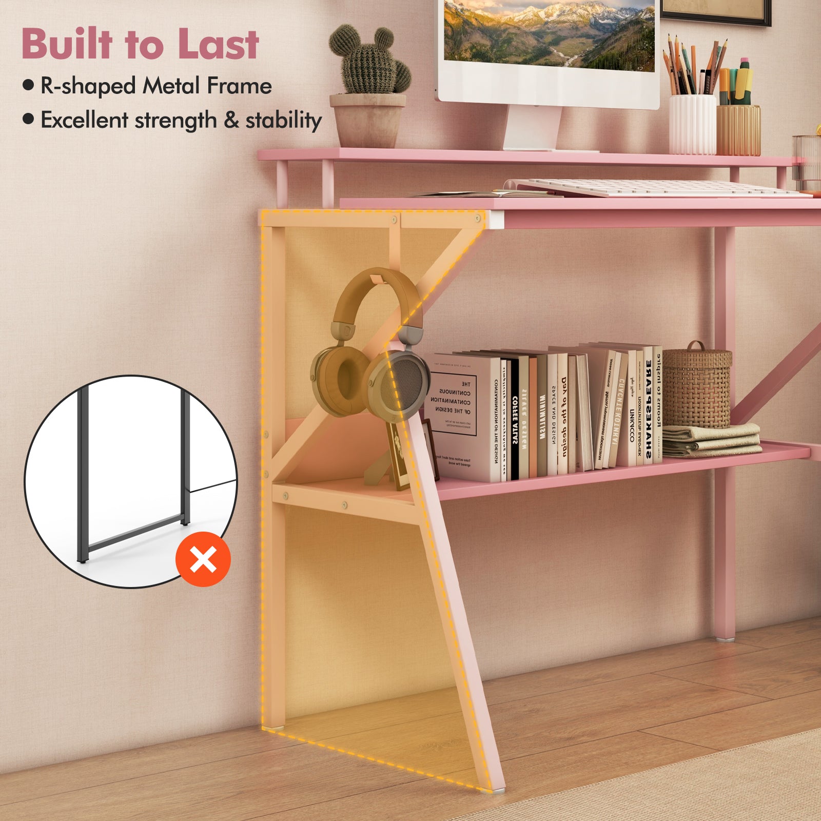 Space Saving Computer Desk with Monitor Stand and Extra Storage Shelf for Work Study, Pink Computer Desks at Gallery Canada