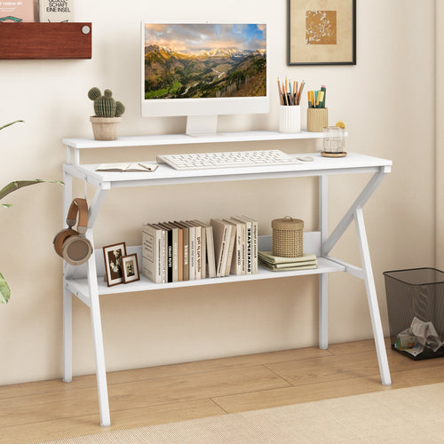 Space Saving Computer Desk with Monitor Stand and Extra Storage Shelf for Work Study, White