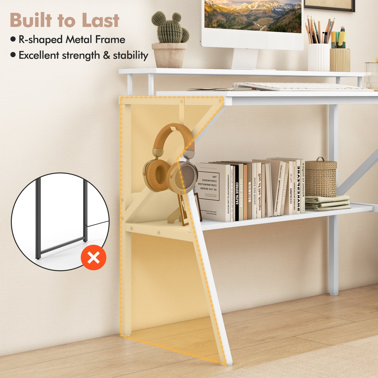 Space Saving Computer Desk with Monitor Stand and Extra Storage Shelf for Work Study, White Computer Desks at Gallery Canada