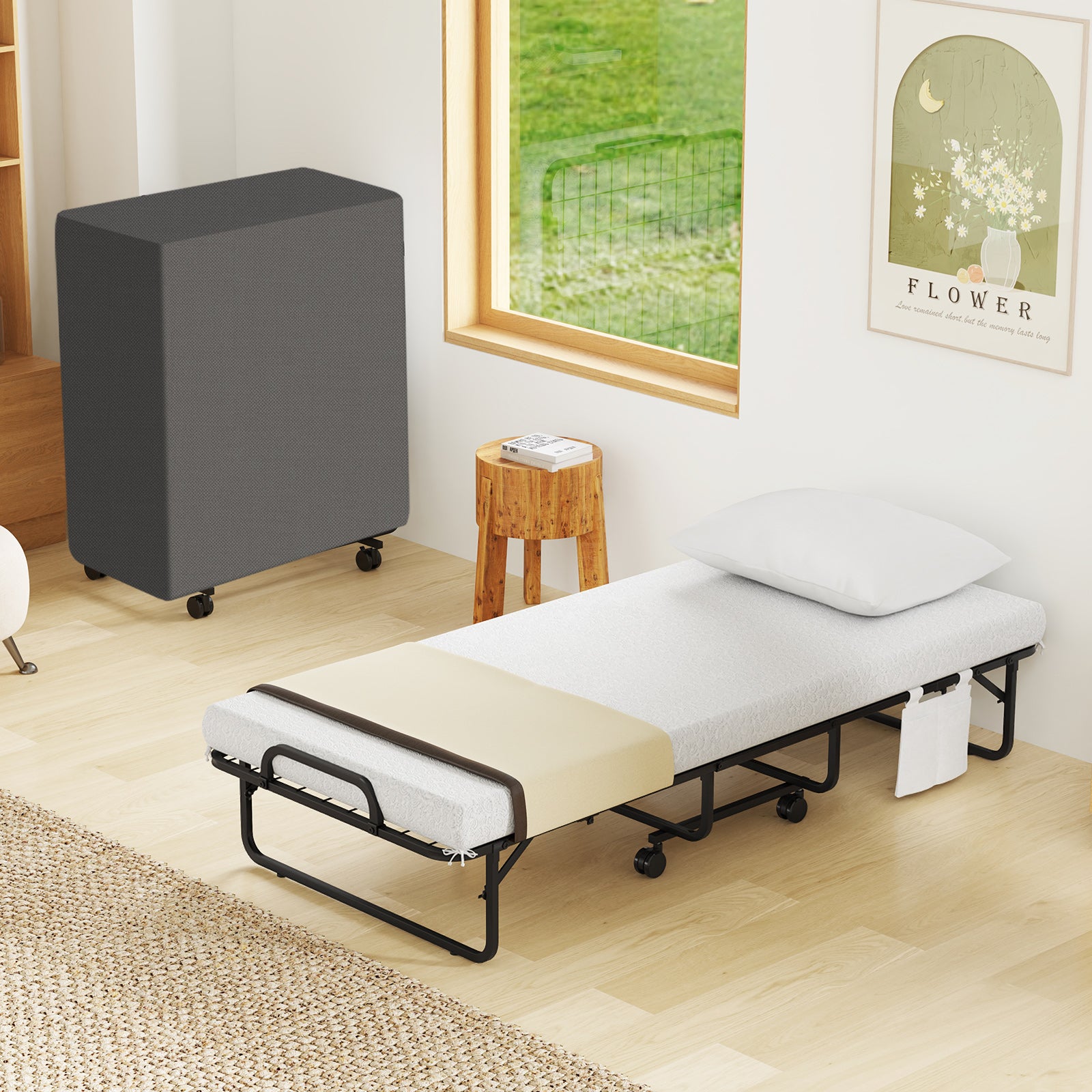 Space-Saving Narrow Twin Rollaway Bed with Pillow and Side Organizer Pocket, White Folding Beds at Gallery Canada