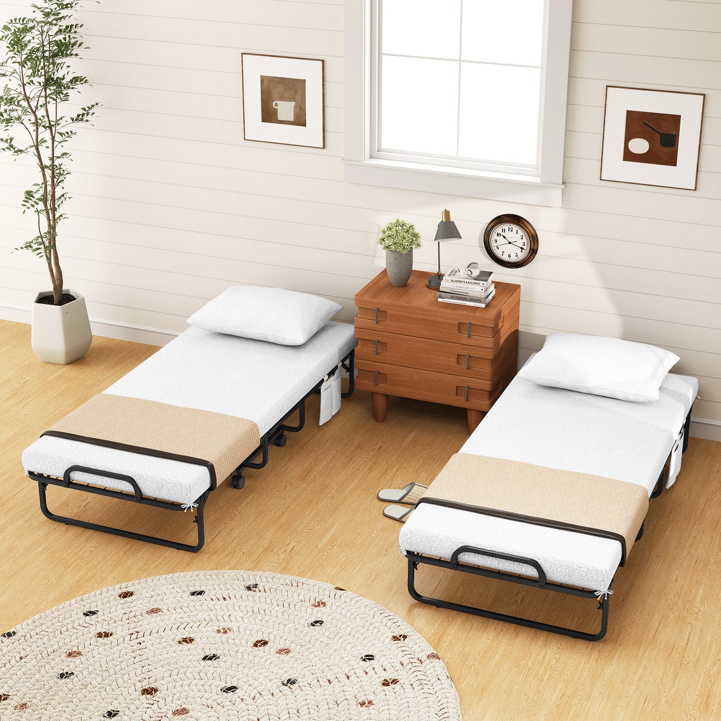 Space-Saving Narrow Twin Rollaway Bed with Pillow and Side Organizer Pocket, White Folding Beds at Gallery Canada