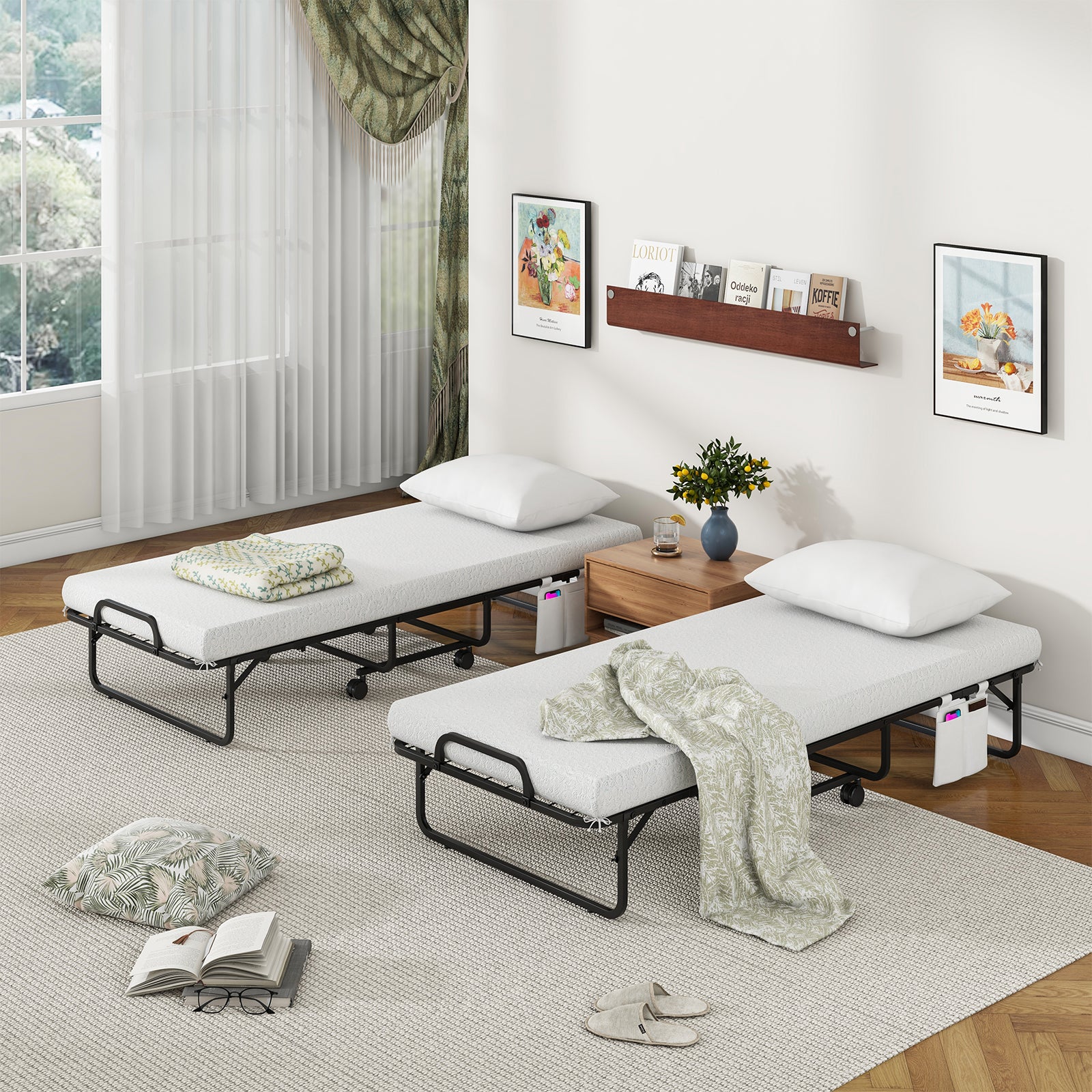 Space-Saving Narrow Twin Rollaway Bed with Pillow and Side Organizer Pocket, White Folding Beds at Gallery Canada
