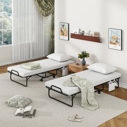 Space-Saving Narrow Twin Rollaway Bed with Pillow and Side Organizer Pocket, White Folding Beds at Gallery Canada