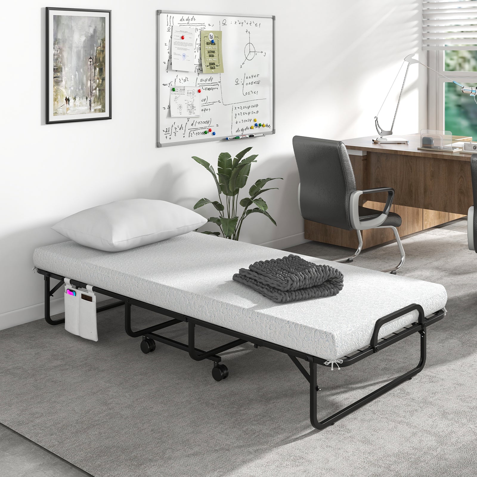 Space-Saving Narrow Twin Rollaway Bed with Pillow and Side Organizer Pocket, White Folding Beds at Gallery Canada