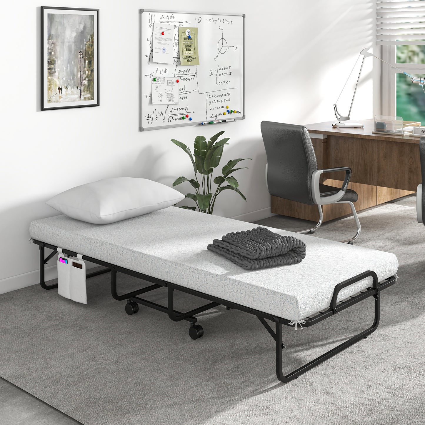 Space-Saving Narrow Twin Rollaway Bed with Pillow and Side Organizer Pocket, White Folding Beds at Gallery Canada