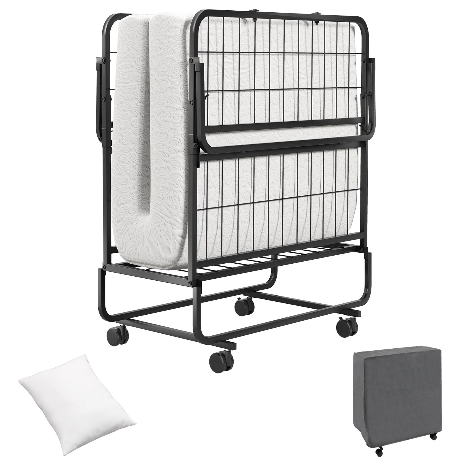 Space-Saving Narrow Twin Rollaway Bed with Pillow and Side Organizer Pocket, White Folding Beds at Gallery Canada