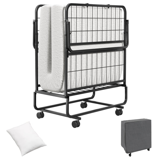 Space-Saving Narrow Twin Rollaway Bed with Pillow and Side Organizer Pocket, White Folding Beds White at Gallery Canada