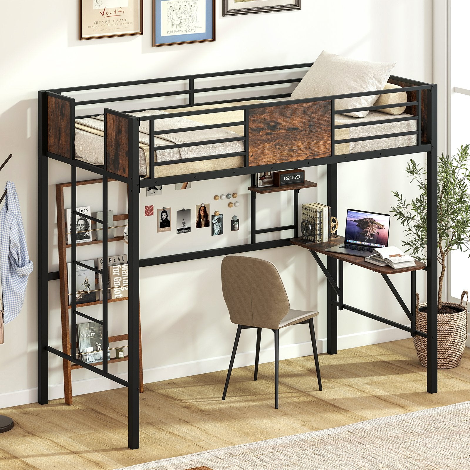 Space-Saving Twin Loft Bed with Safety Guardrail and Ladder, Coffee Simple Bed Frame at Gallery Canada