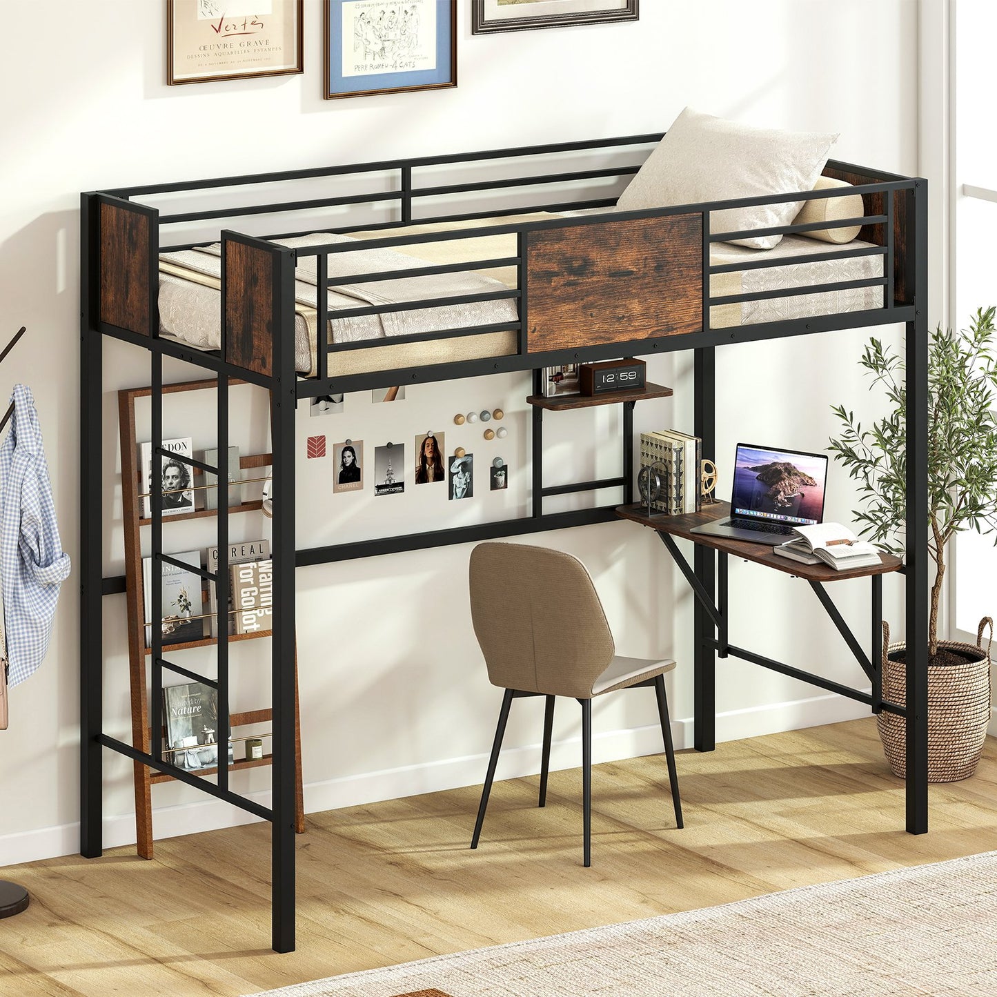 Space-Saving Twin Loft Bed with Safety Guardrail and Ladder, Coffee Simple Bed Frame at Gallery Canada