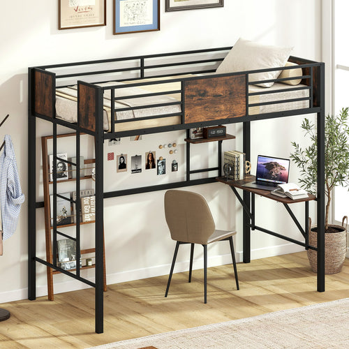 Space-Saving Twin Loft Bed with Safety Guardrail and Ladder, Coffee