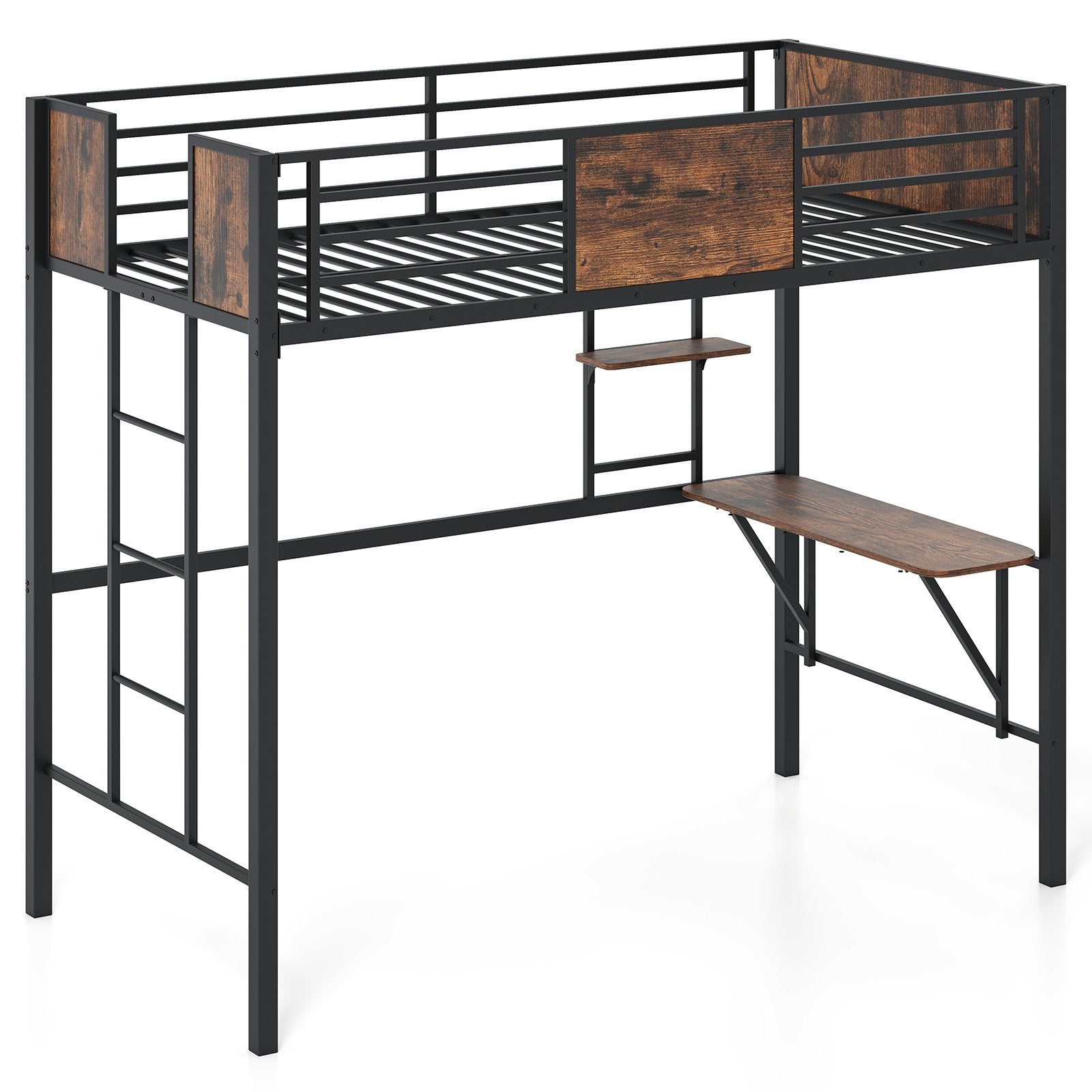 Space-Saving Twin Loft Bed with Safety Guardrail and Ladder, Coffee Simple Bed Frame Coffee at Gallery Canada