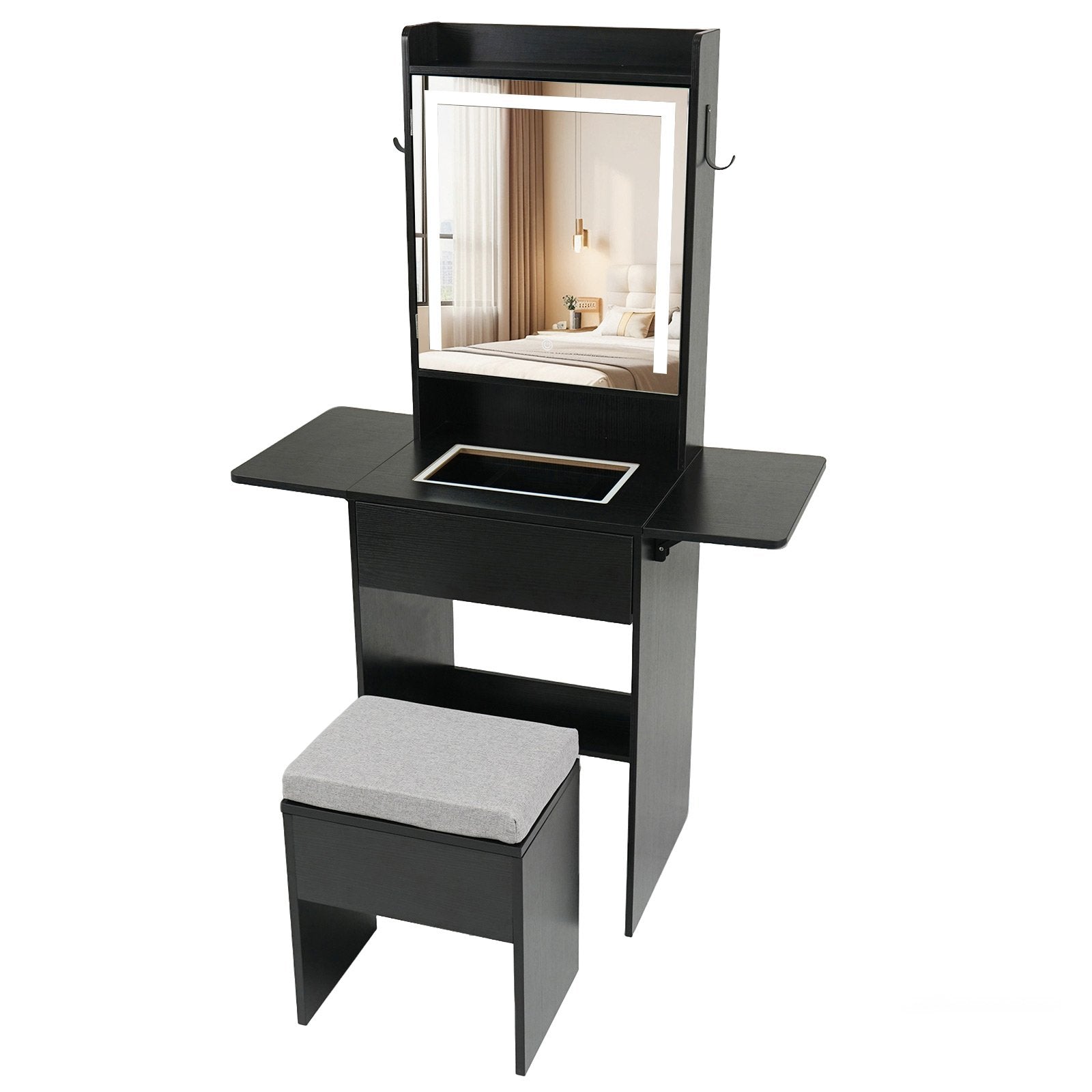 Space-saving Vanity Desk with Mirror and Lights for Bedroom, Black Makeup Vanities Black at Gallery Canada