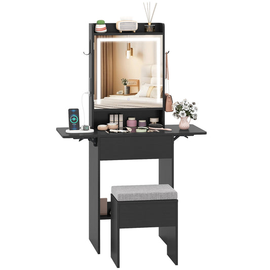 Space-saving Vanity Desk with Mirror and Lights for Bedroom, Black Makeup Vanities Black at Gallery Canada