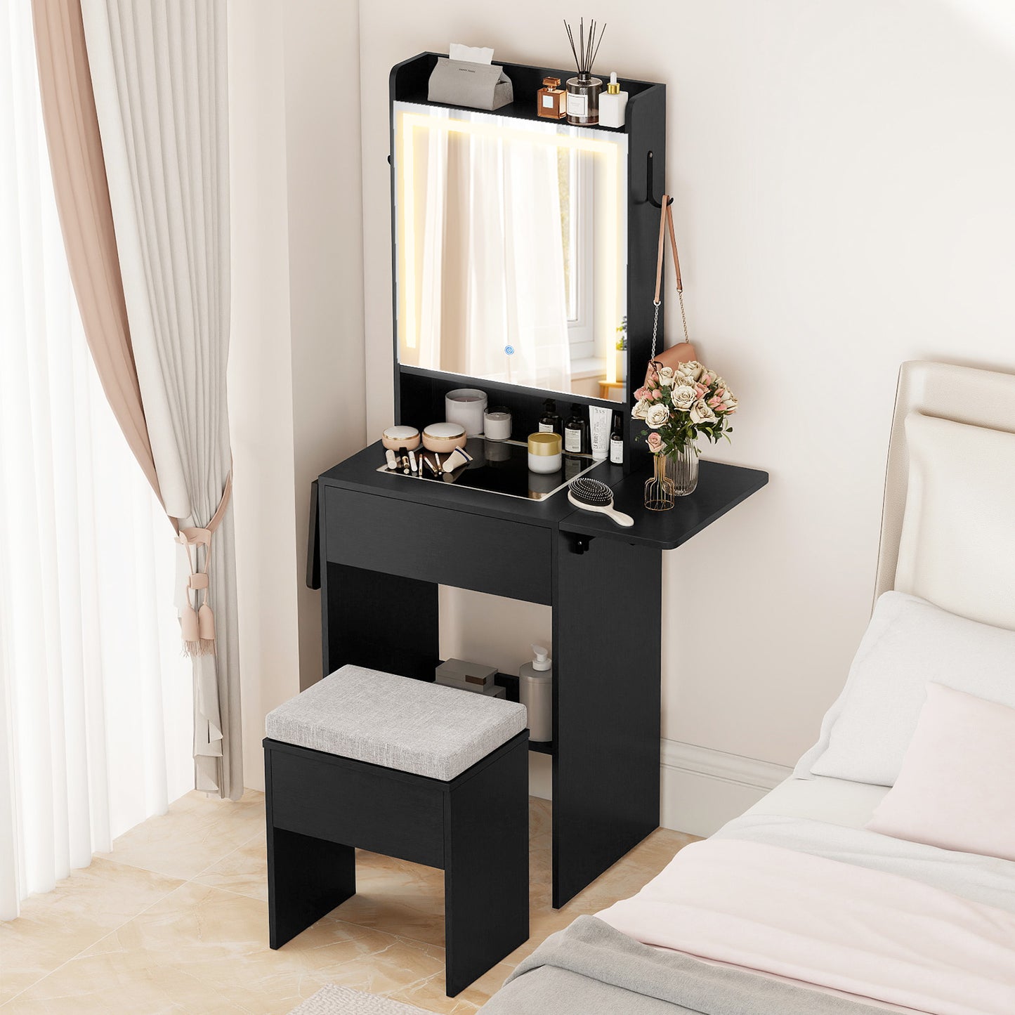 Space-saving Vanity Desk with Mirror and Lights for Bedroom, Black Makeup Vanities at Gallery Canada