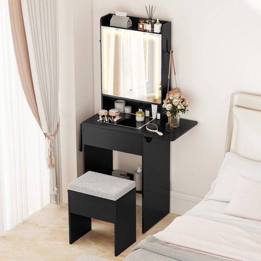 Space-saving Vanity Desk with Mirror and Lights for Bedroom, Black Makeup Vanities Black at Gallery Canada