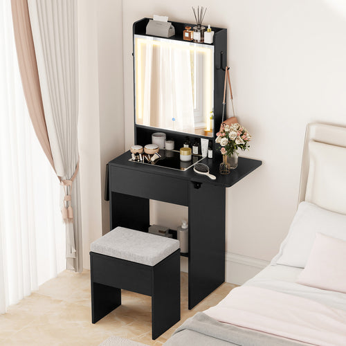 Space-saving Vanity Desk with Mirror and Lights for Bedroom, Black