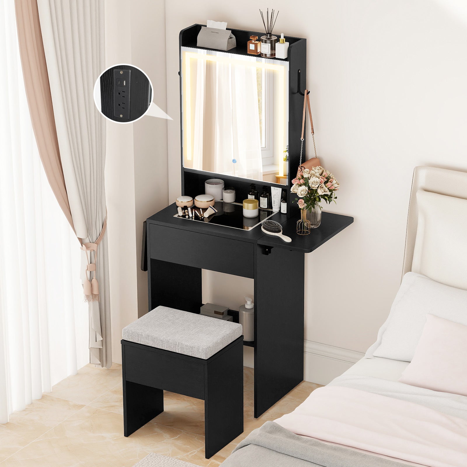 Space-saving Vanity Desk with Mirror and Lights for Bedroom, Black Makeup Vanities at Gallery Canada