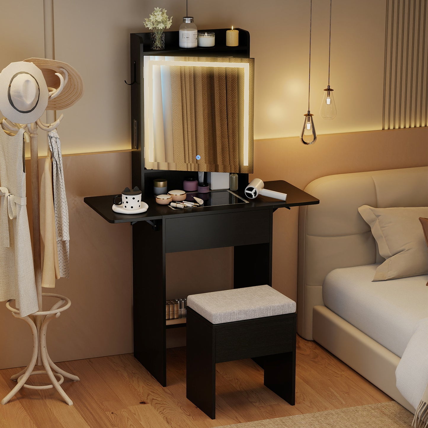 Space-saving Vanity Desk with Mirror and Lights for Bedroom, Black Makeup Vanities at Gallery Canada
