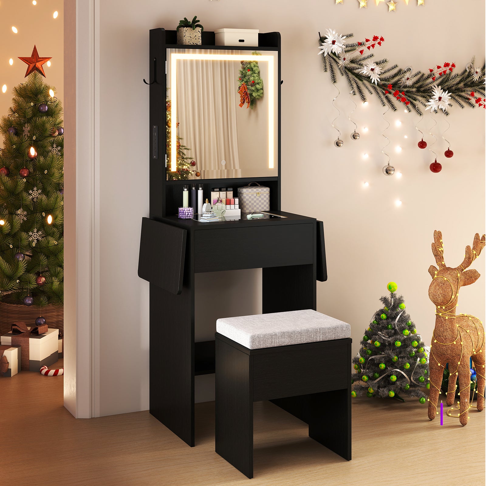 Space-saving Vanity Desk with Mirror and Lights for Bedroom, Black Makeup Vanities at Gallery Canada