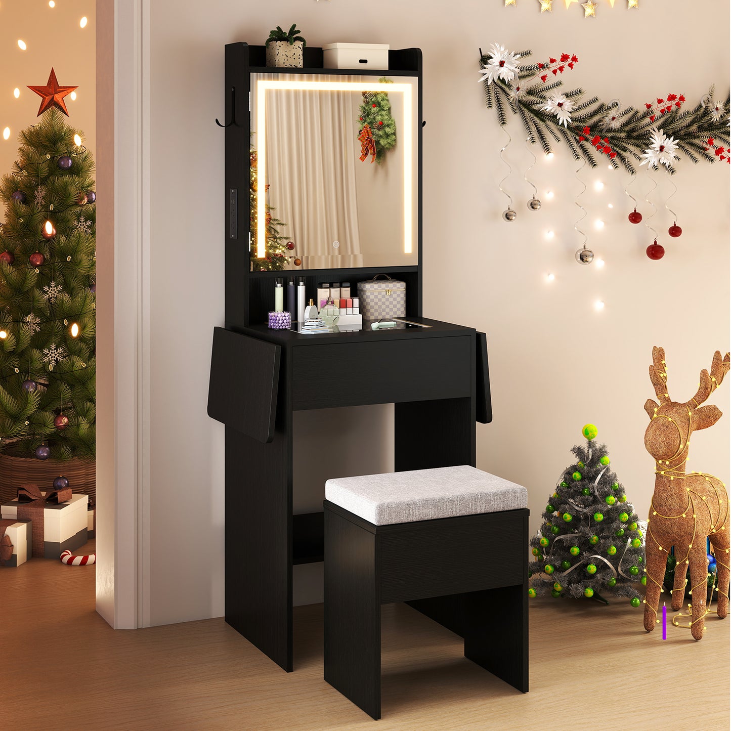 Space-saving Vanity Desk with Mirror and Lights for Bedroom, Black Makeup Vanities at Gallery Canada