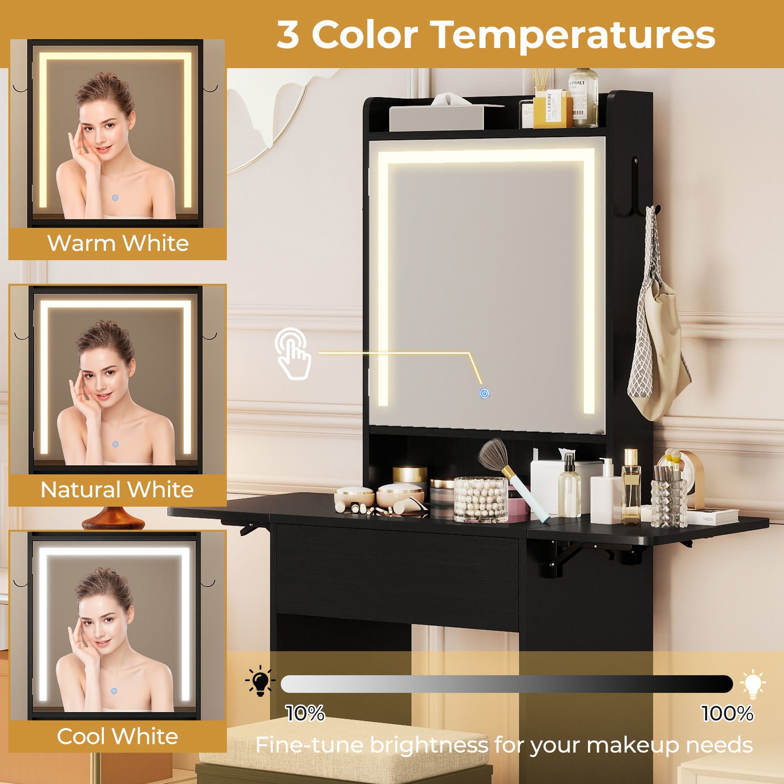 Space-saving Vanity Desk with Mirror and Lights for Bedroom, Black Makeup Vanities at Gallery Canada