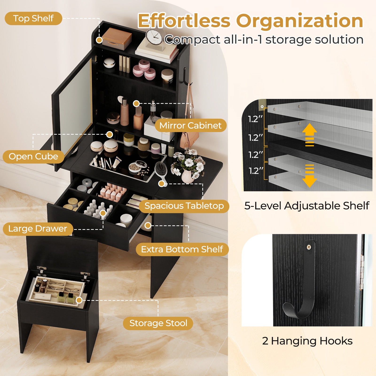 Space-saving Vanity Desk with Mirror and Lights for Bedroom, Black Makeup Vanities at Gallery Canada