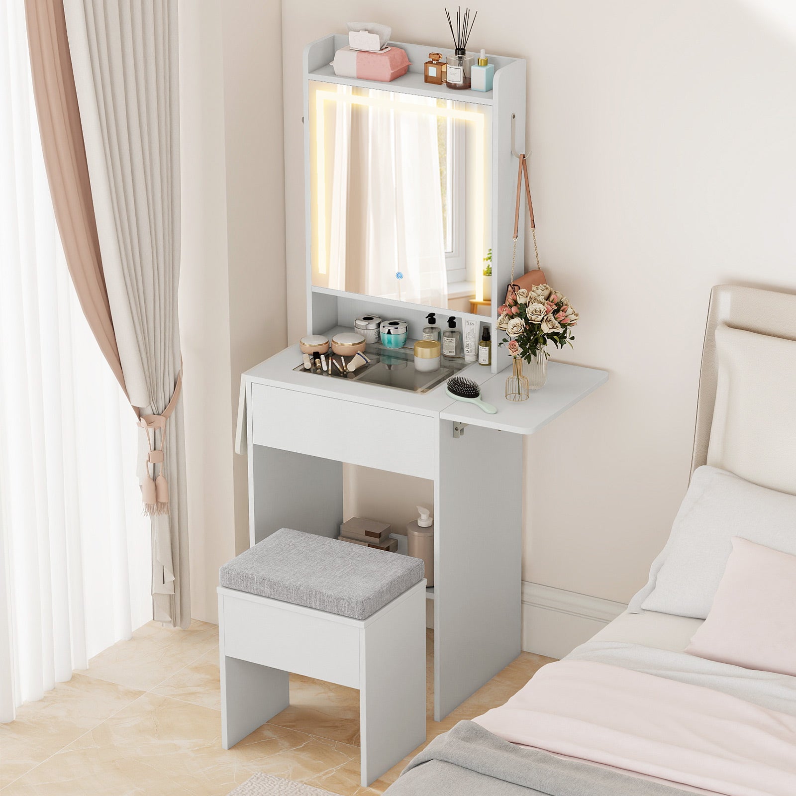 Space-saving Vanity Desk with Mirror and Lights for Bedroom, White Makeup Vanities at Gallery Canada