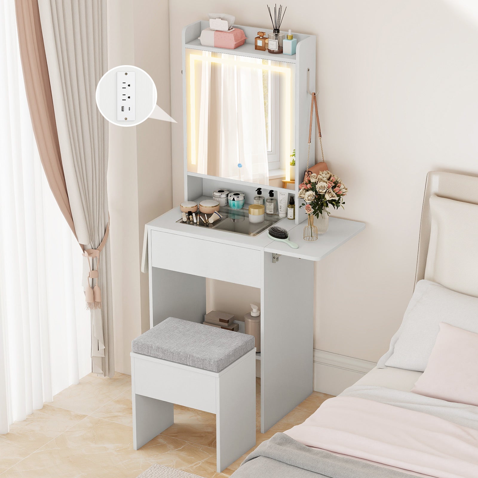 Space-saving Vanity Desk with Mirror and Lights for Bedroom, White Makeup Vanities at Gallery Canada