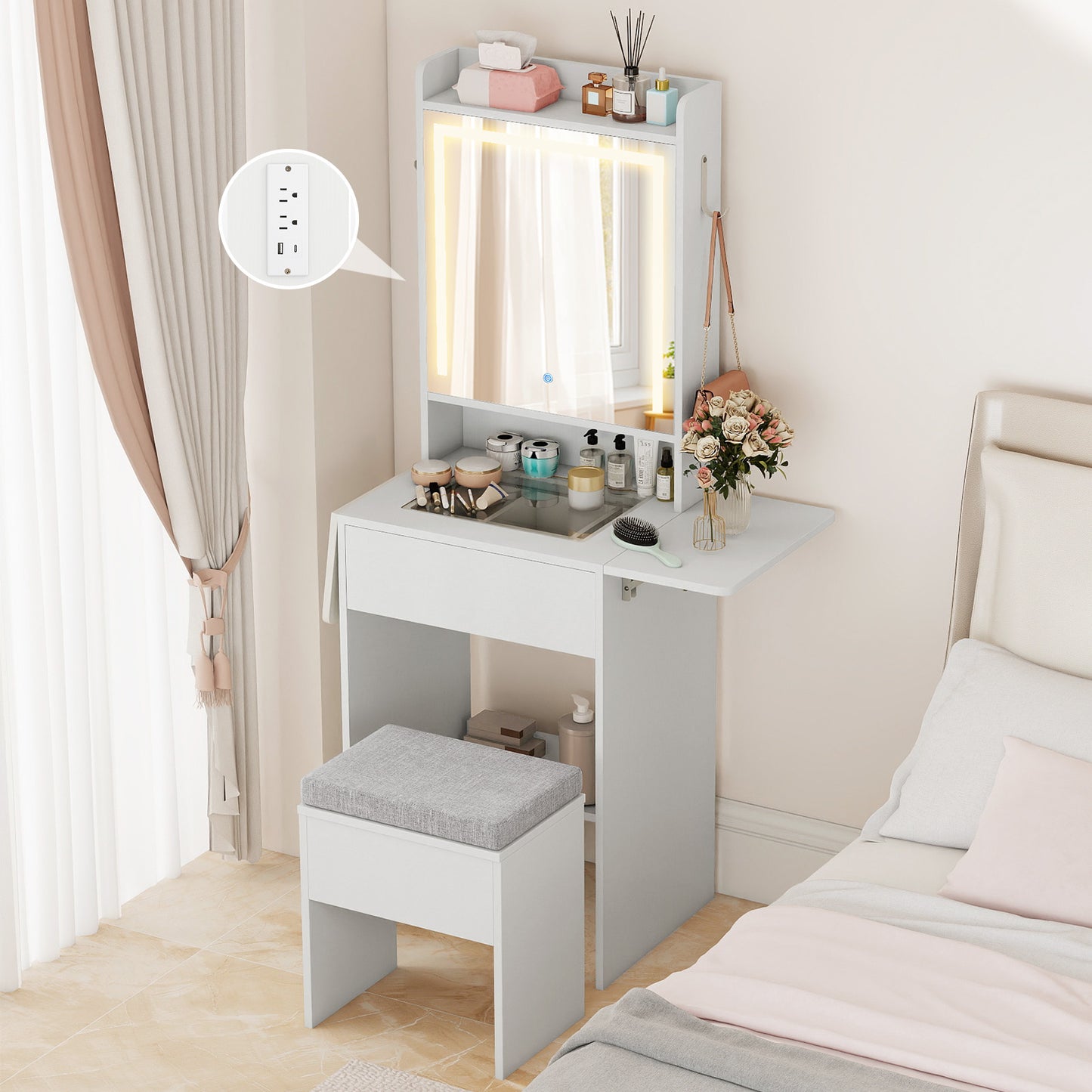 Space-saving Vanity Desk with Mirror and Lights for Bedroom, White Makeup Vanities at Gallery Canada