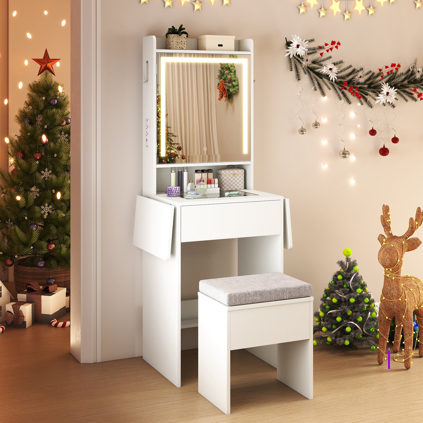 Space-saving Vanity Desk with Mirror and Lights for Bedroom, White Makeup Vanities at Gallery Canada