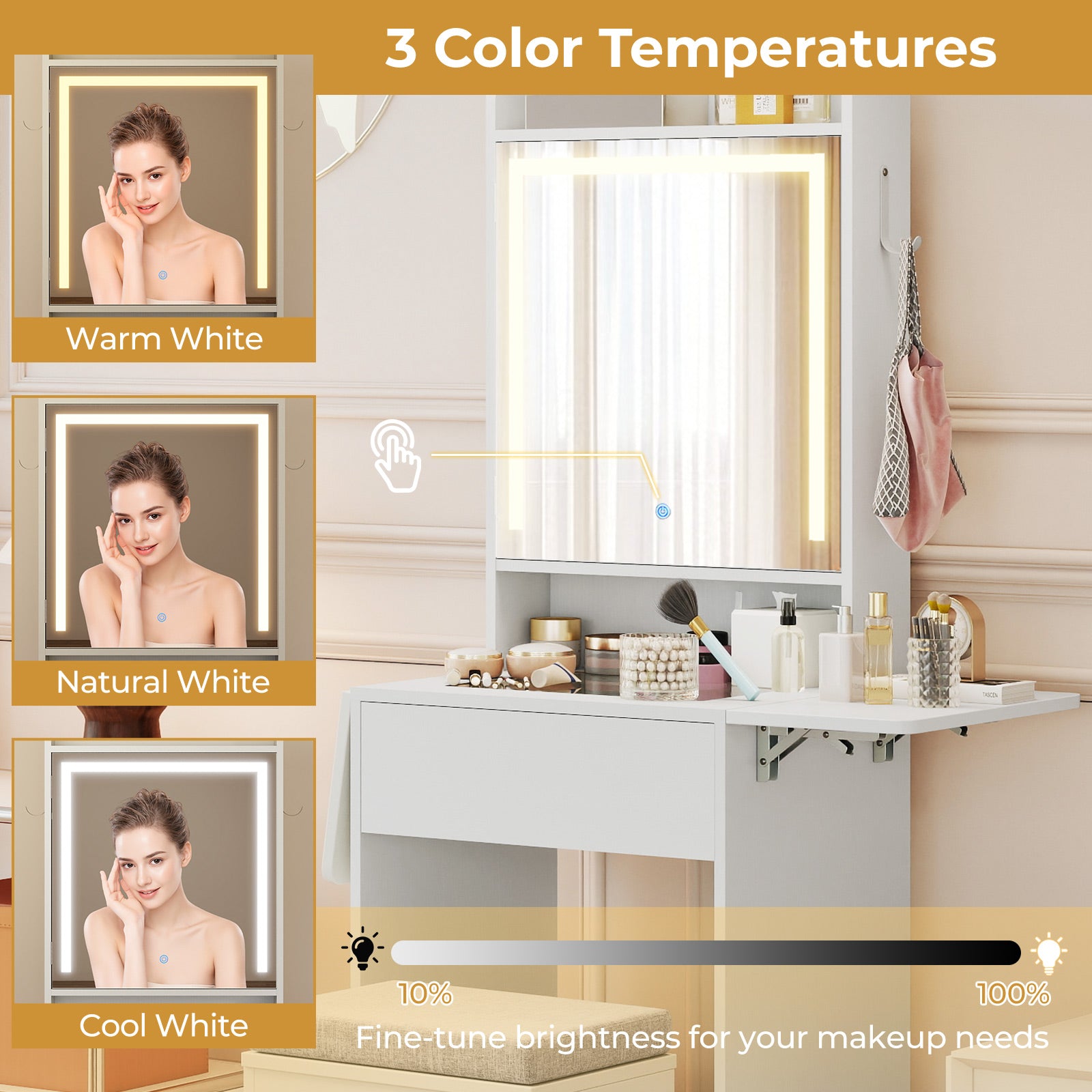 Space-saving Vanity Desk with Mirror and Lights for Bedroom, White Makeup Vanities at Gallery Canada