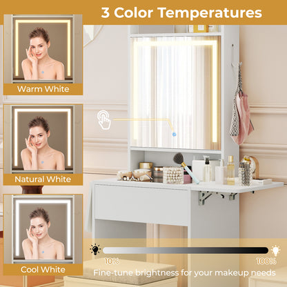 Space-saving Vanity Desk with Mirror and Lights for Bedroom, White Makeup Vanities at Gallery Canada