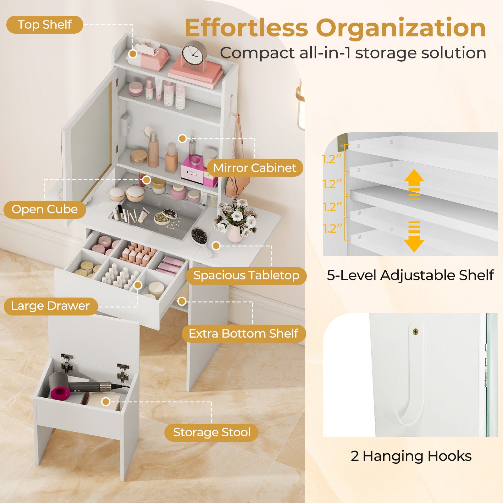 Space-saving Vanity Desk with Mirror and Lights for Bedroom, White Makeup Vanities at Gallery Canada