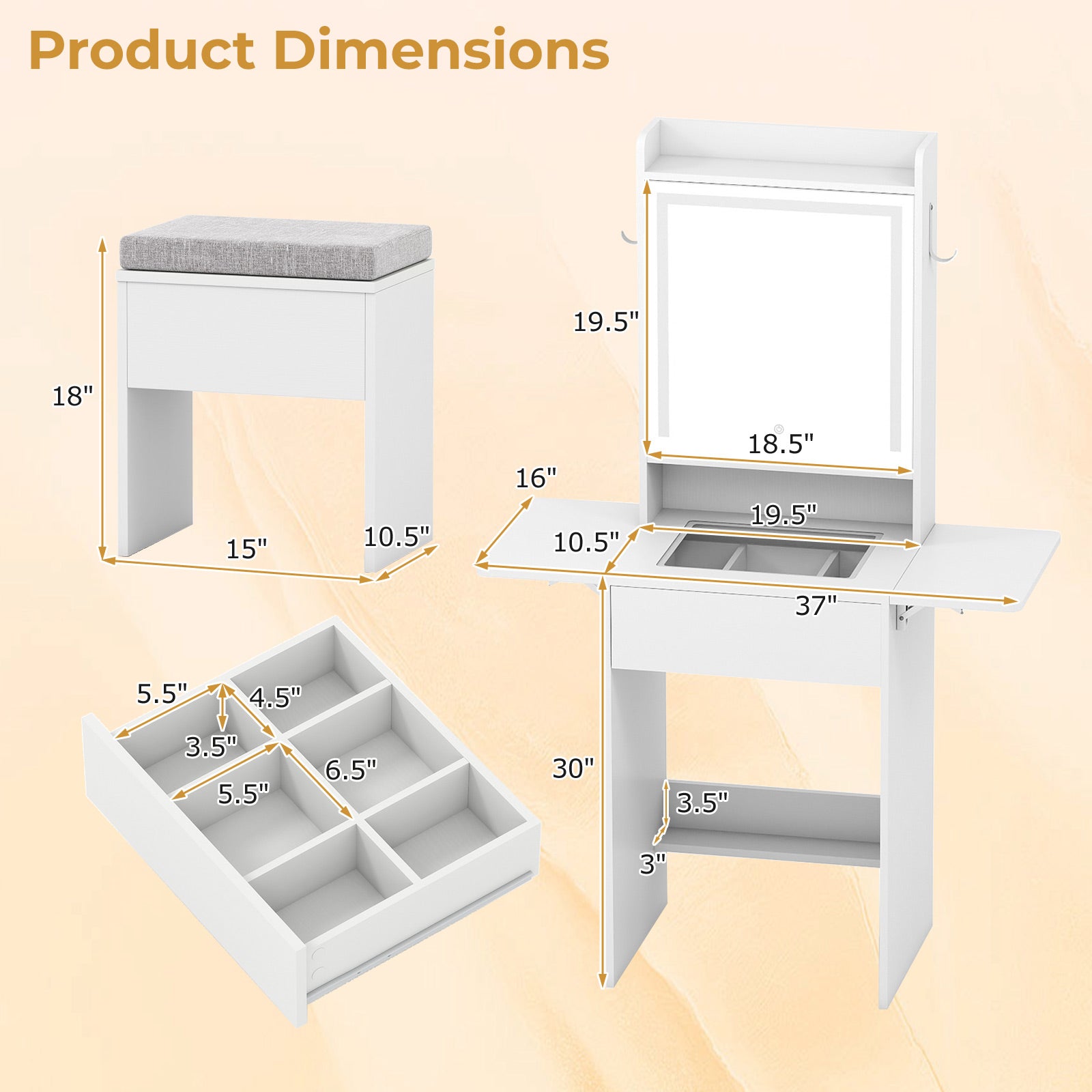 Space-saving Vanity Desk with Mirror and Lights for Bedroom, White Makeup Vanities at Gallery Canada