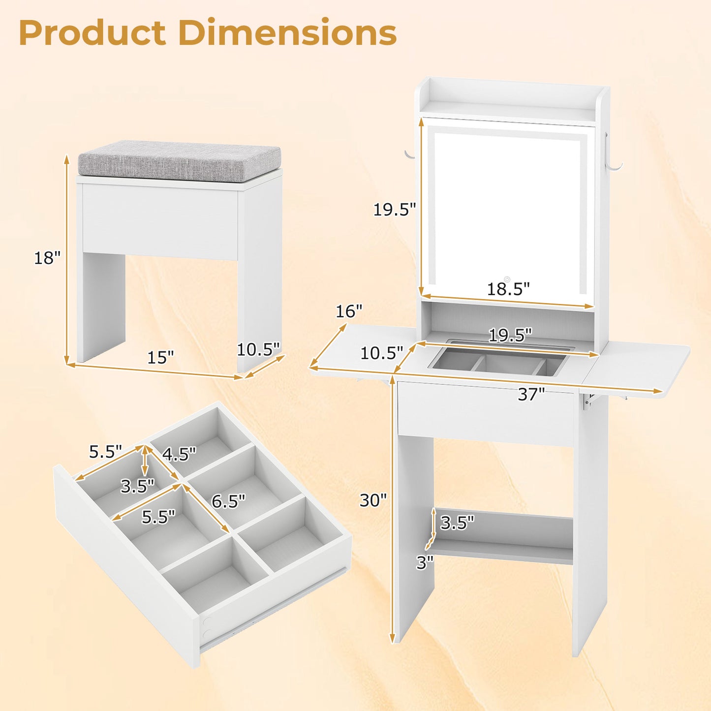 Space-saving Vanity Desk with Mirror and Lights for Bedroom, White Makeup Vanities at Gallery Canada