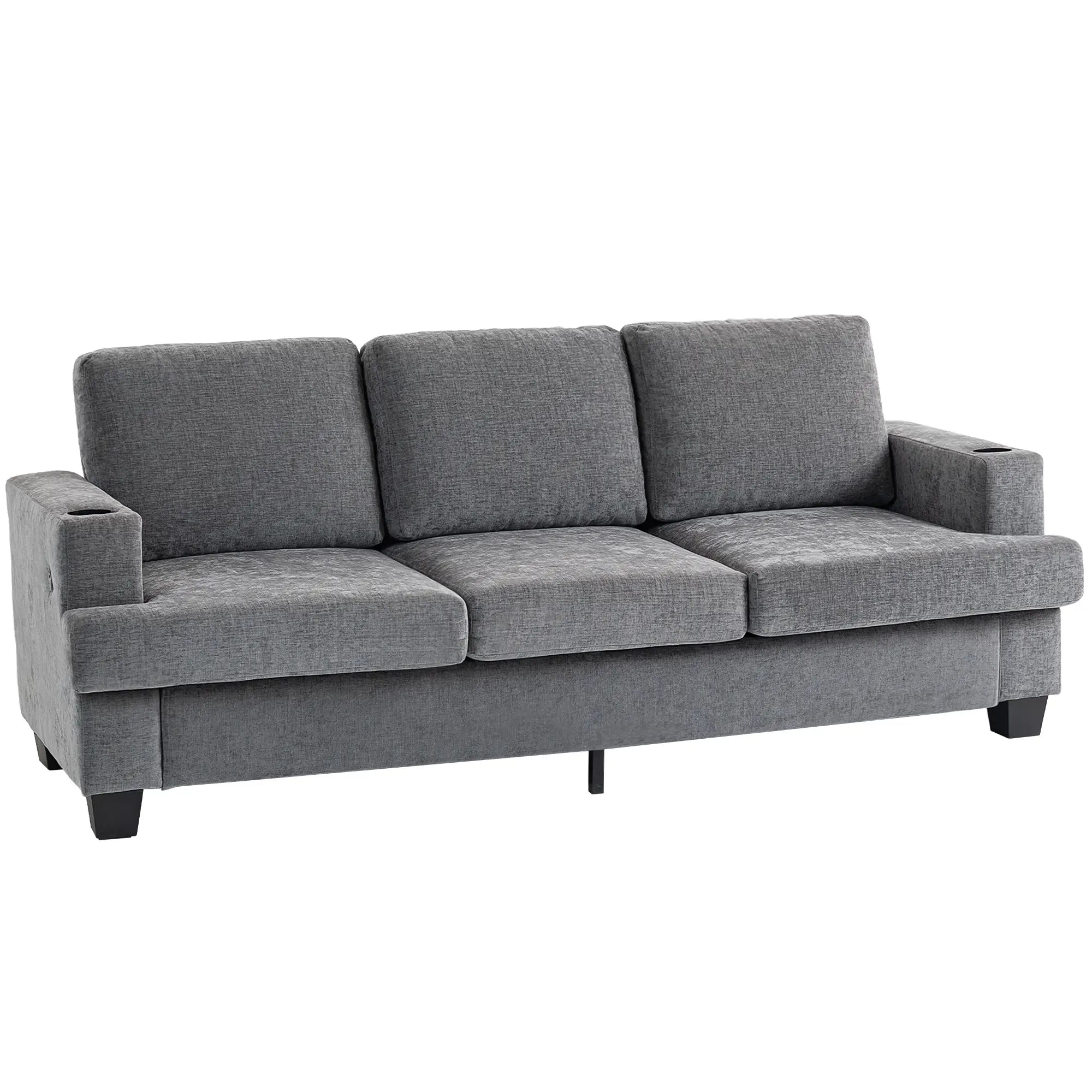 3 Seater Sofa with USB Ports, Cup Holders, Chenille Upholstery, Grey 3-Seater Sofas at Gallery Canada