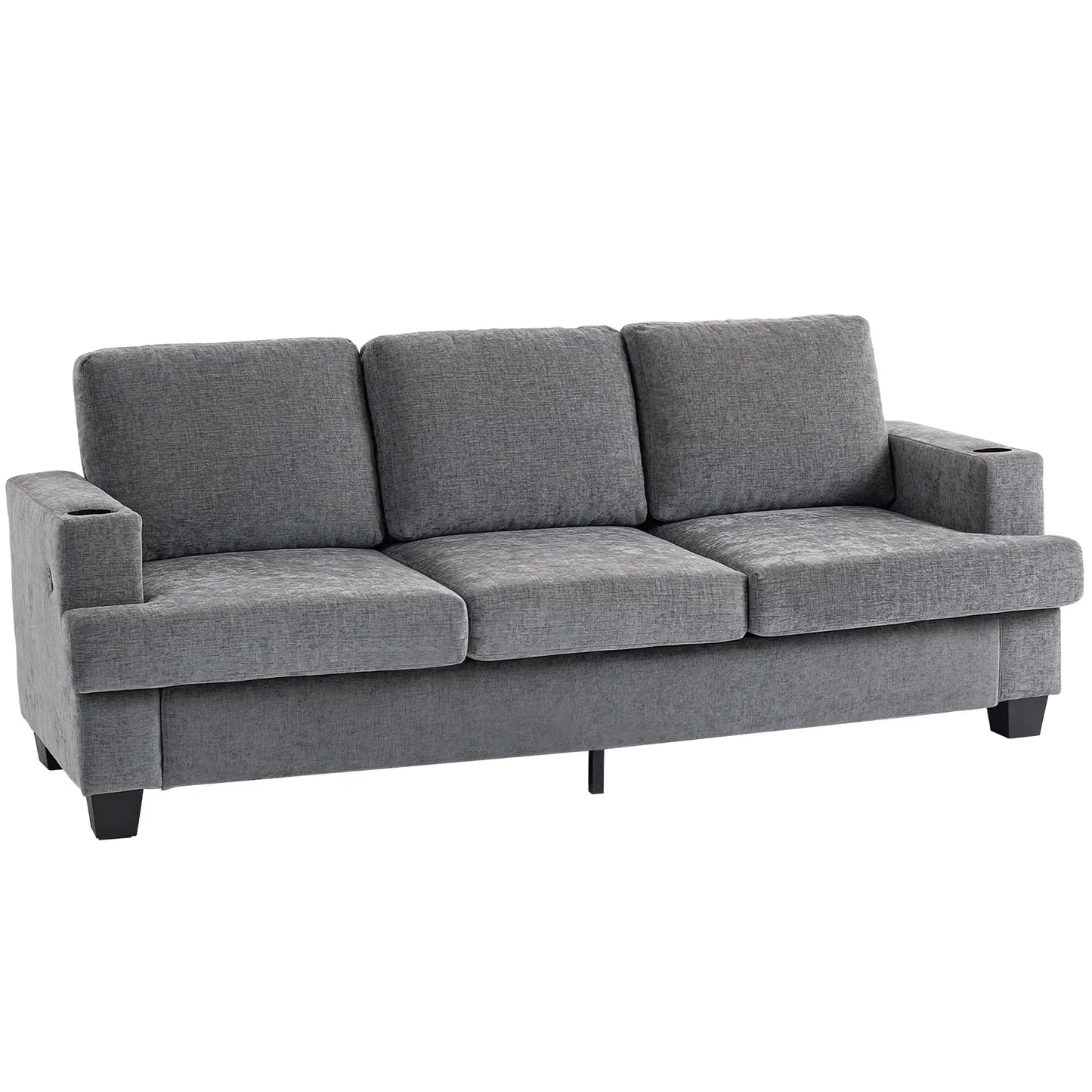 3 Seater Sofa with USB Ports, Cup Holders, Chenille Upholstery, Grey 3-Seater Sofas at Gallery Canada