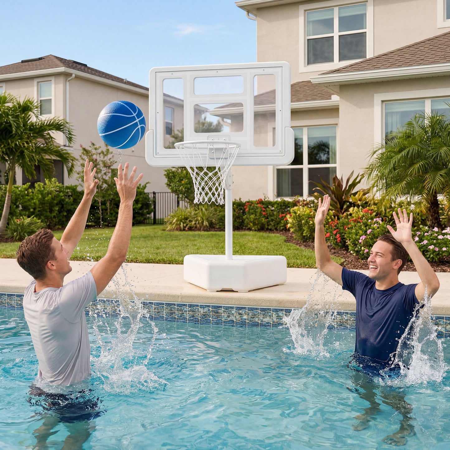 Splash & Shoot Pool Basketball Hoop, Adjustable Height, 2 Balls, Pump, White