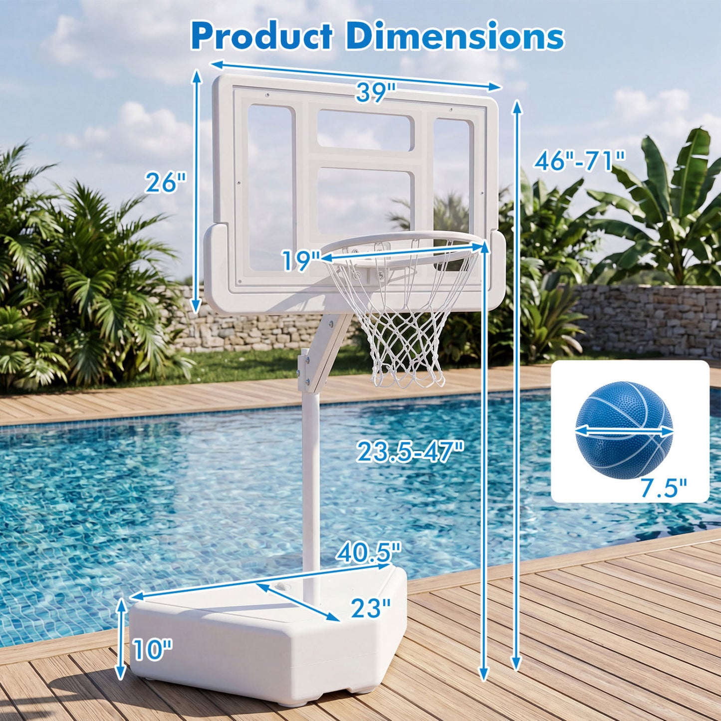 Splash & Shoot Pool Basketball Hoop, Adjustable Height, 2 Balls, Pump, White
