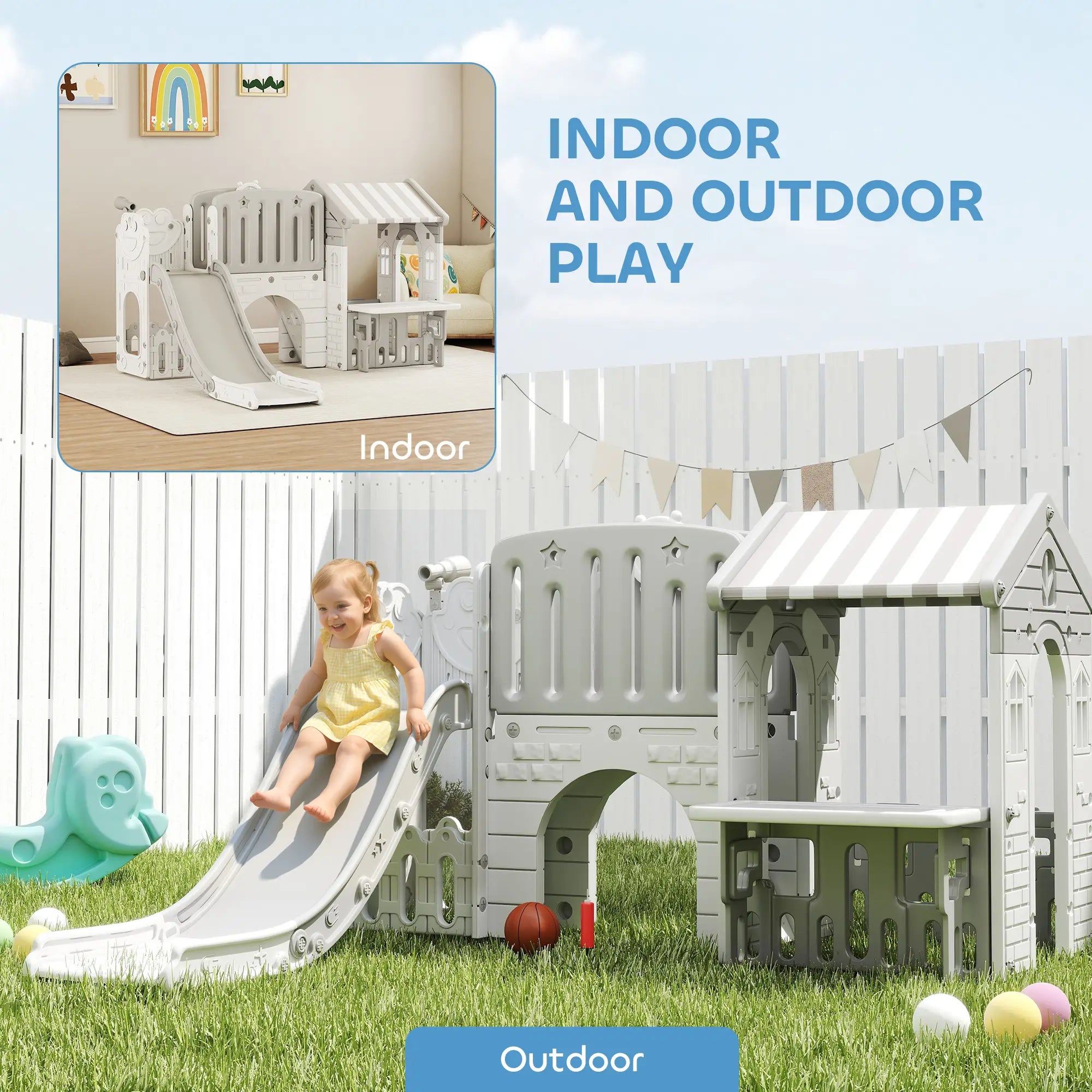 7-in-1 Toddler Slide Climber Playset with Playhouse, Basketball Hoop, Grey Gym Sets & Swings at Gallery Canada