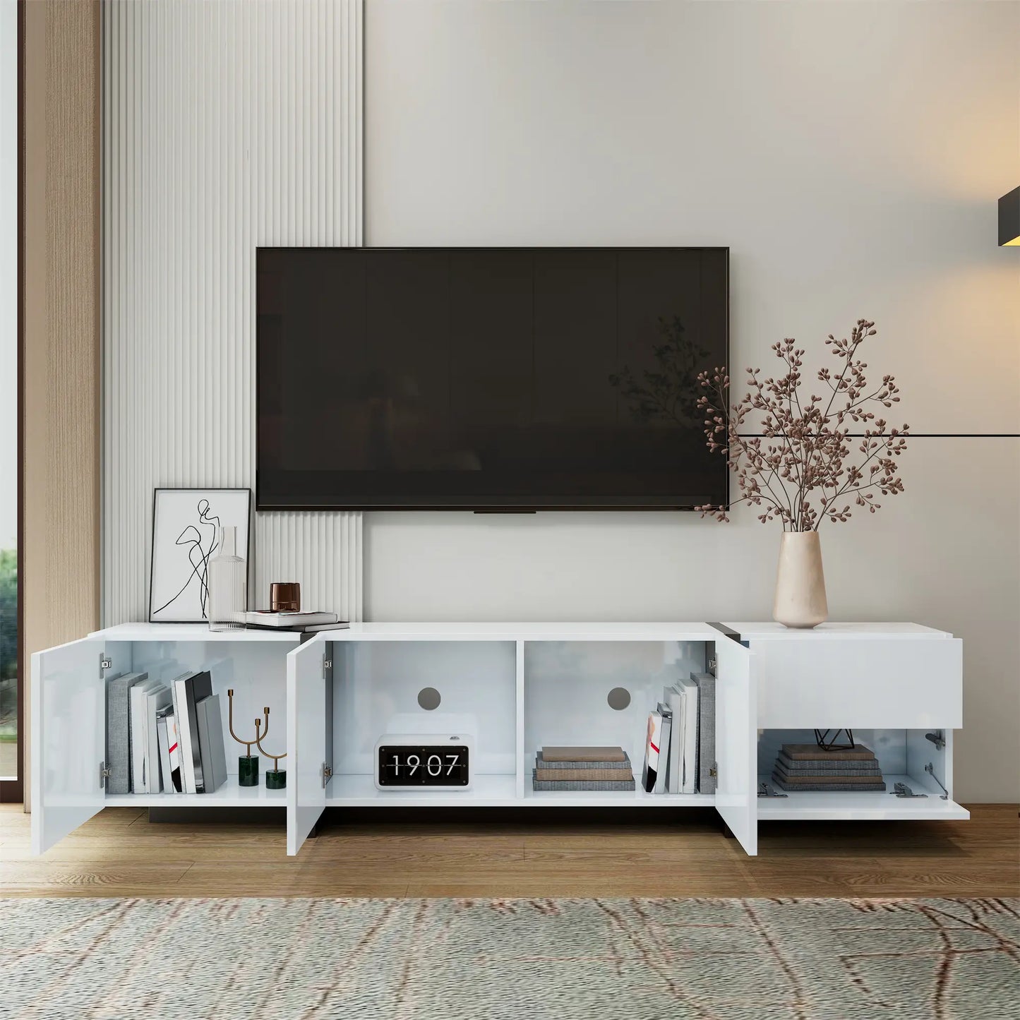 TV Cabinet, High Gloss Finish, Ample Storage, 67" L x 11.5" W x 11.5" H, White TV Stands at Gallery Canada