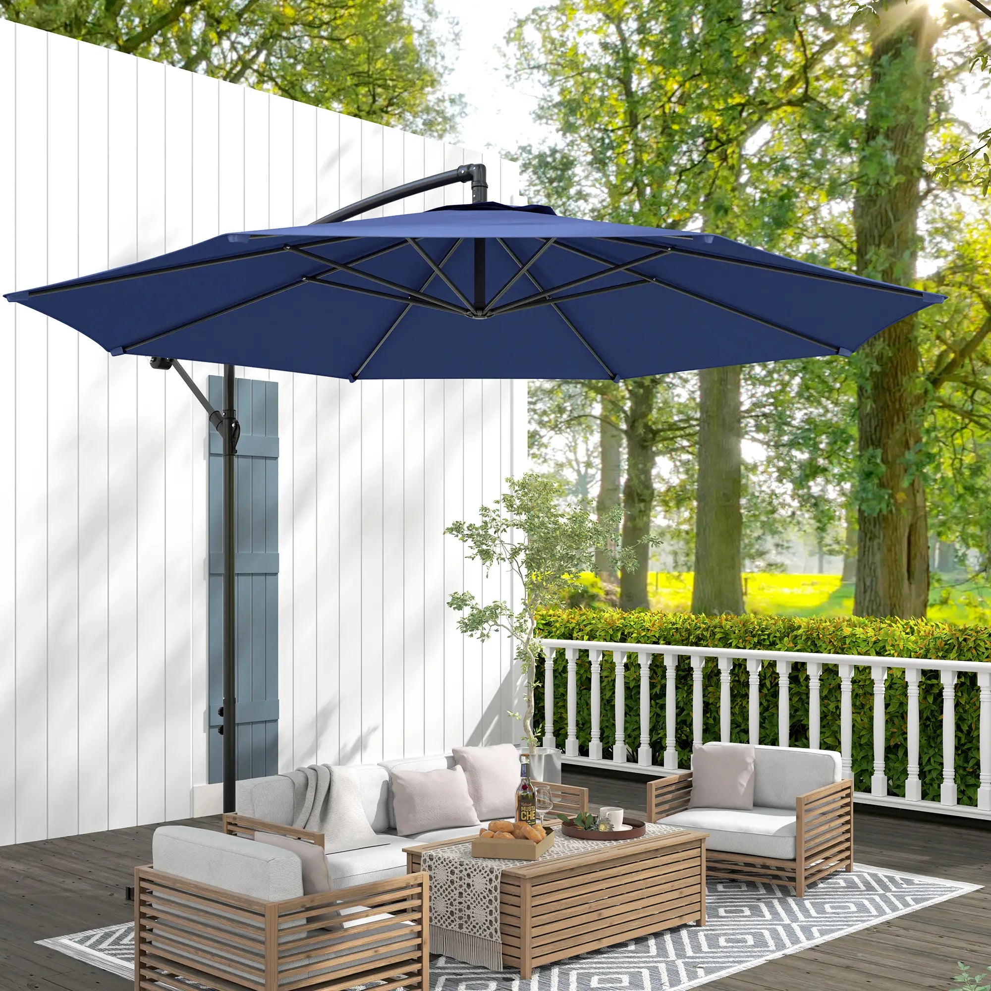 9.7ft Offset Patio Umbrella, 8 Ribs, Crank Handle, Cross Base, Blue Offset Cantilever Umbrellas at Gallery Canada